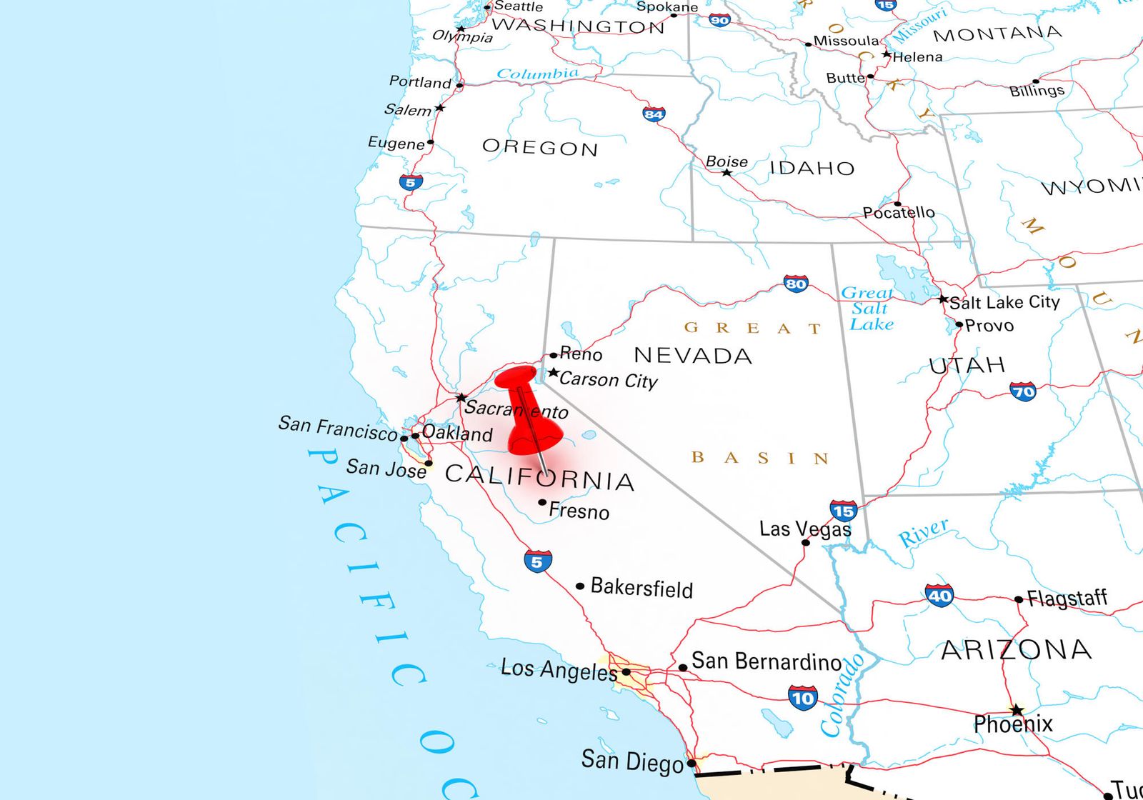 Map of U.S. focused in the State of California.