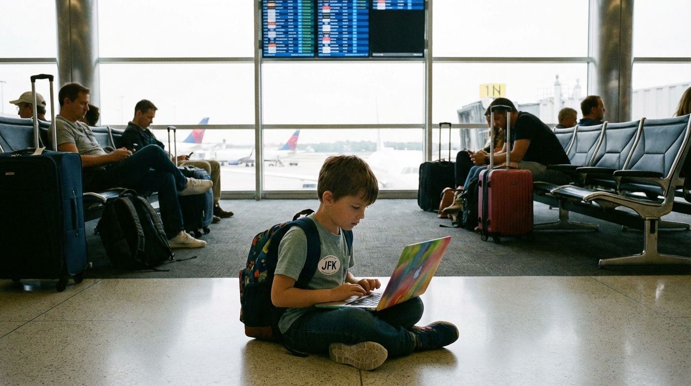 Student working on a laptop while sitting at an airport