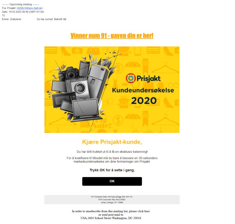 Eksempel på falsk kampanje der du kan vinne en stor gevinst