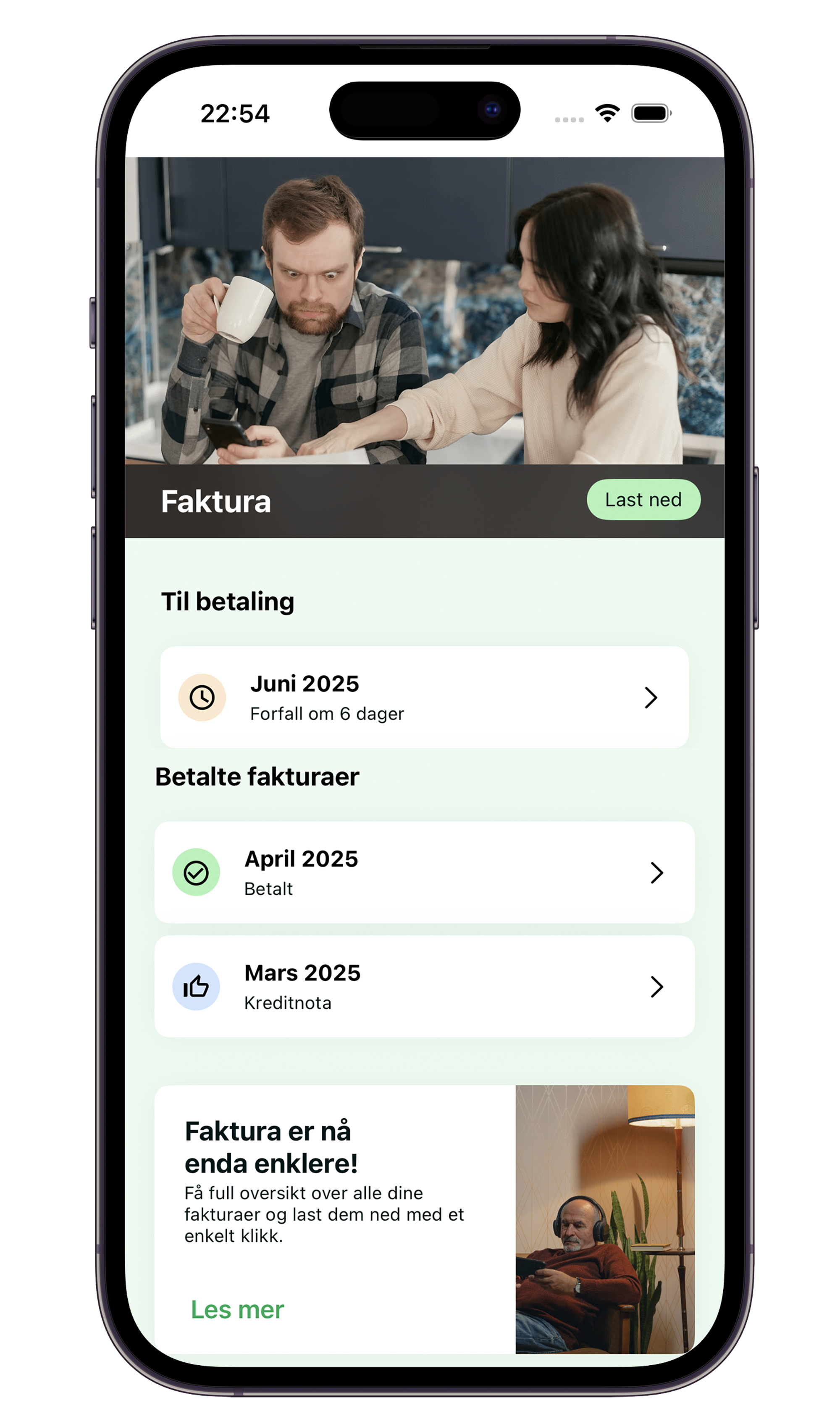 I NextGenTel-appen får du faktura lett tilgjengelig.