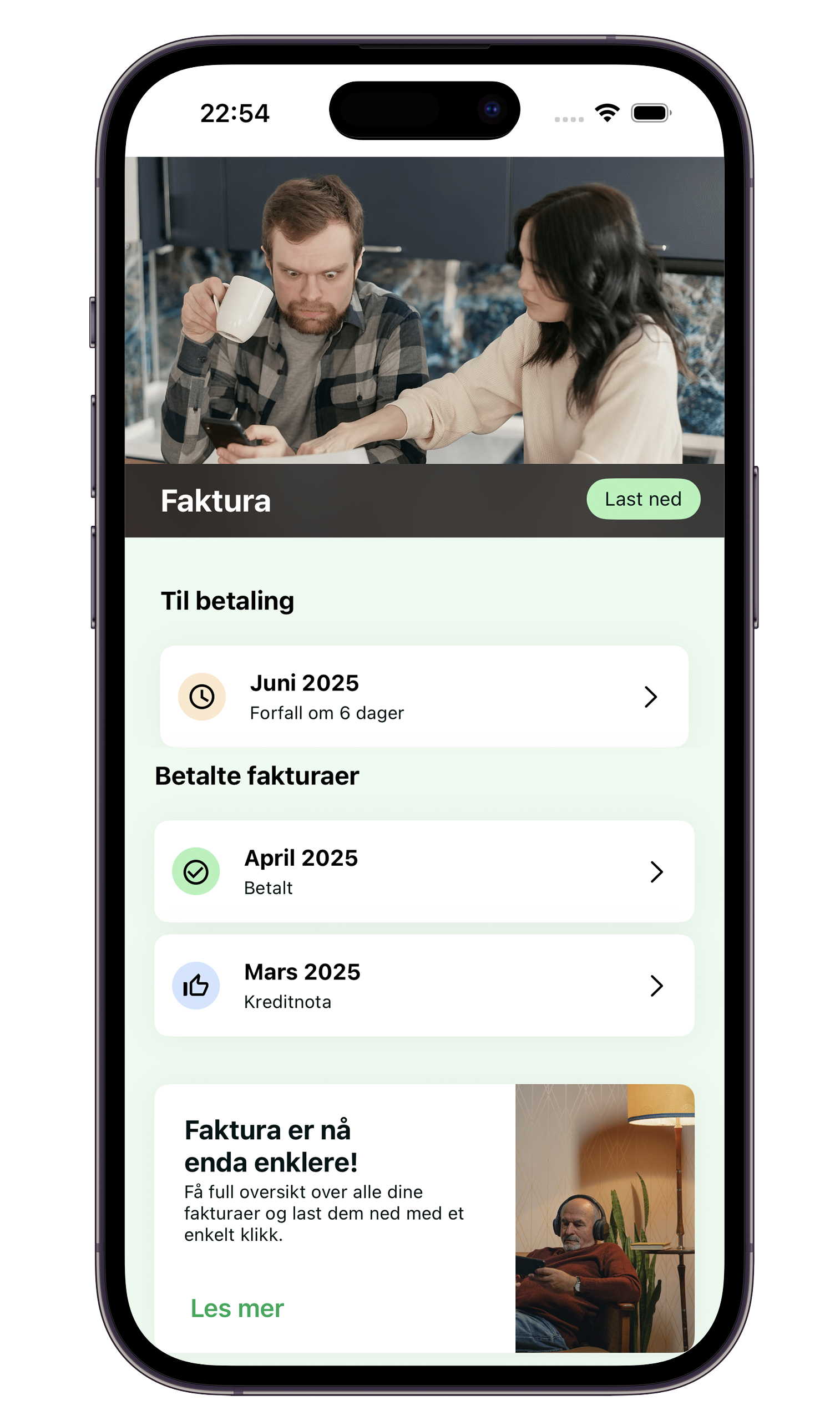 I NextGenTel-appen får du faktura lett tilgjengelig.