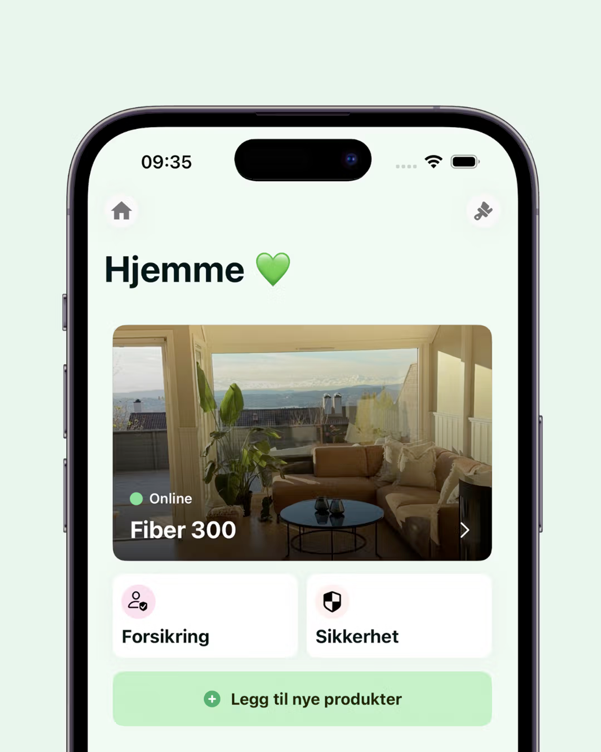 Hjemskjerm i NextGenTel appen