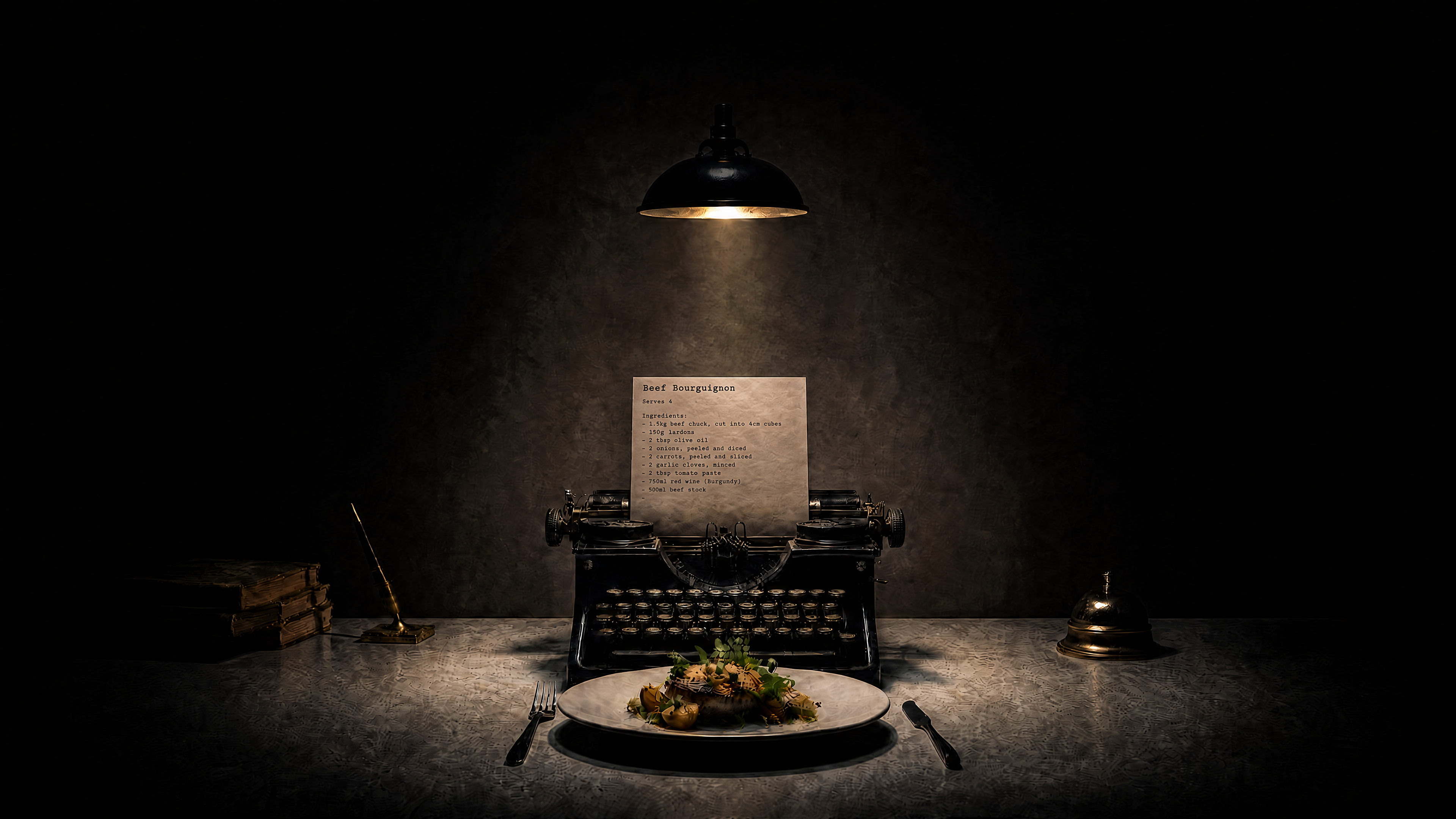 Hero image of a typewriter with a plate of food in the foreground. Dark lighting sets a moody tone.