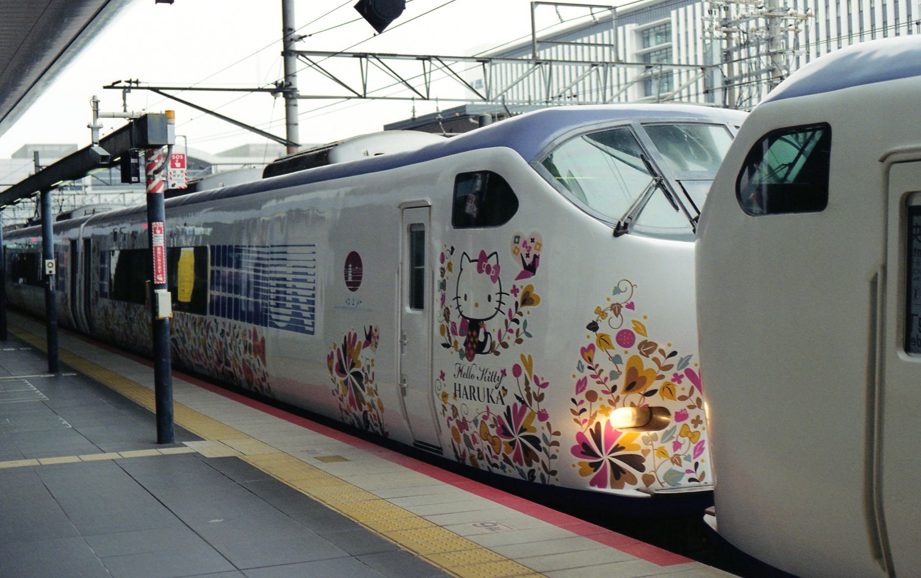 A Haruka-style limited express train at a railway platform in Japan, the fastest link from Kansai Airport to Kyoto.