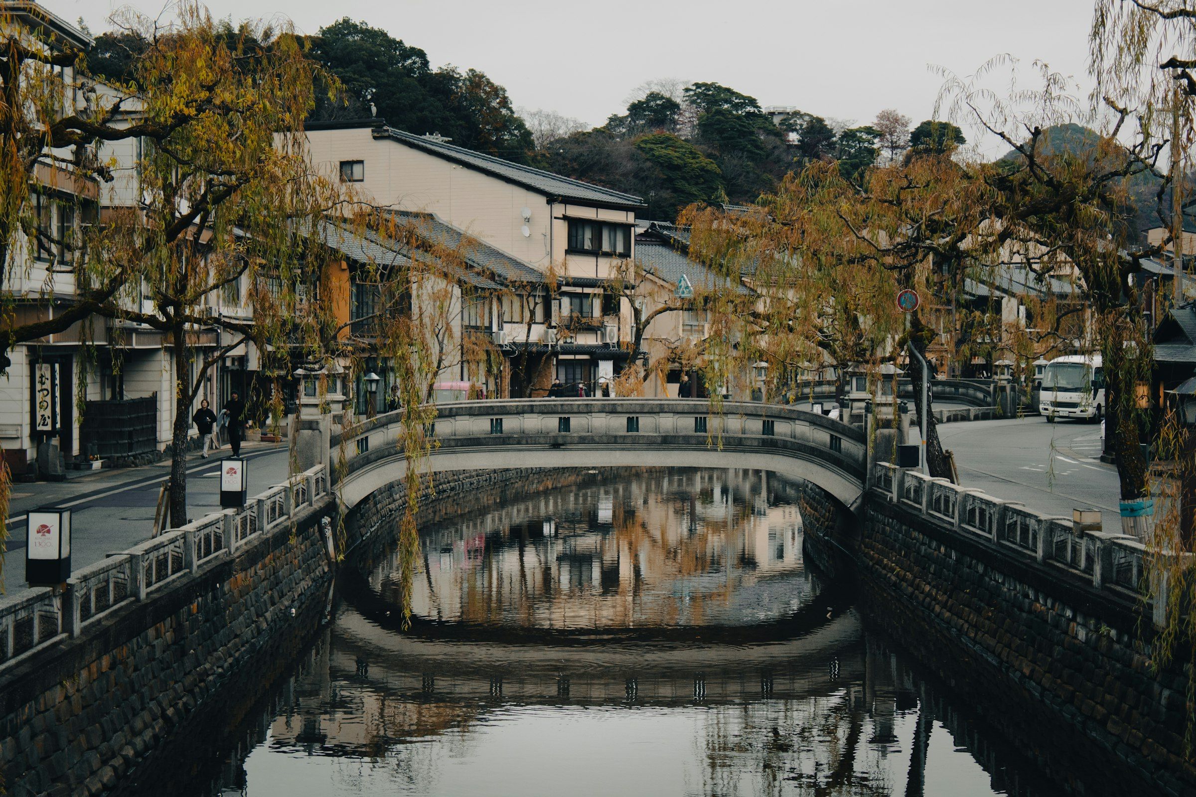 Willow-lined Otani canal with stone bridges in Kinosaki Onsen, Hyogo