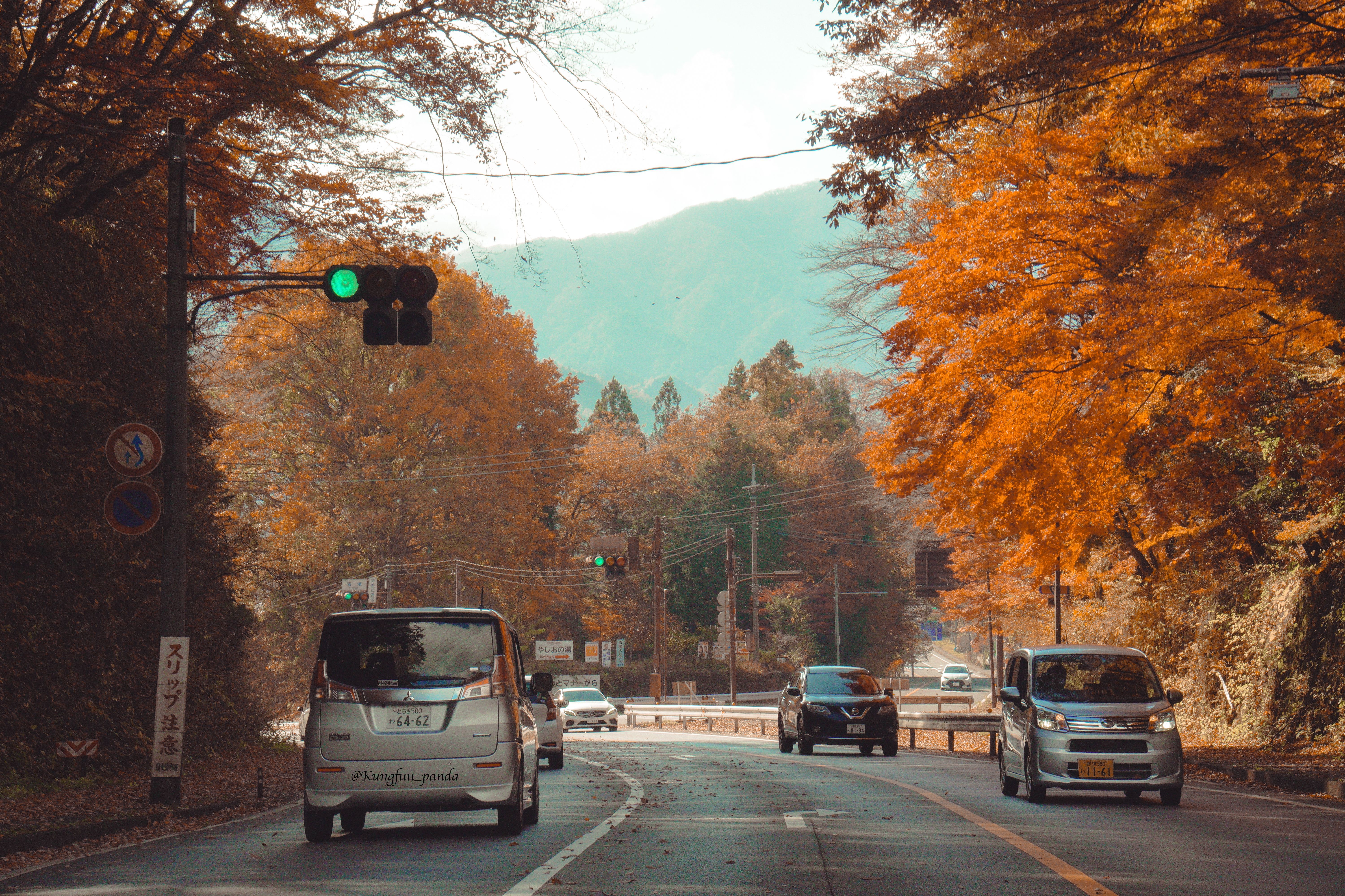 Autumn foliage on the mountain road above Nikko, Japan, with cars queueing along the valley