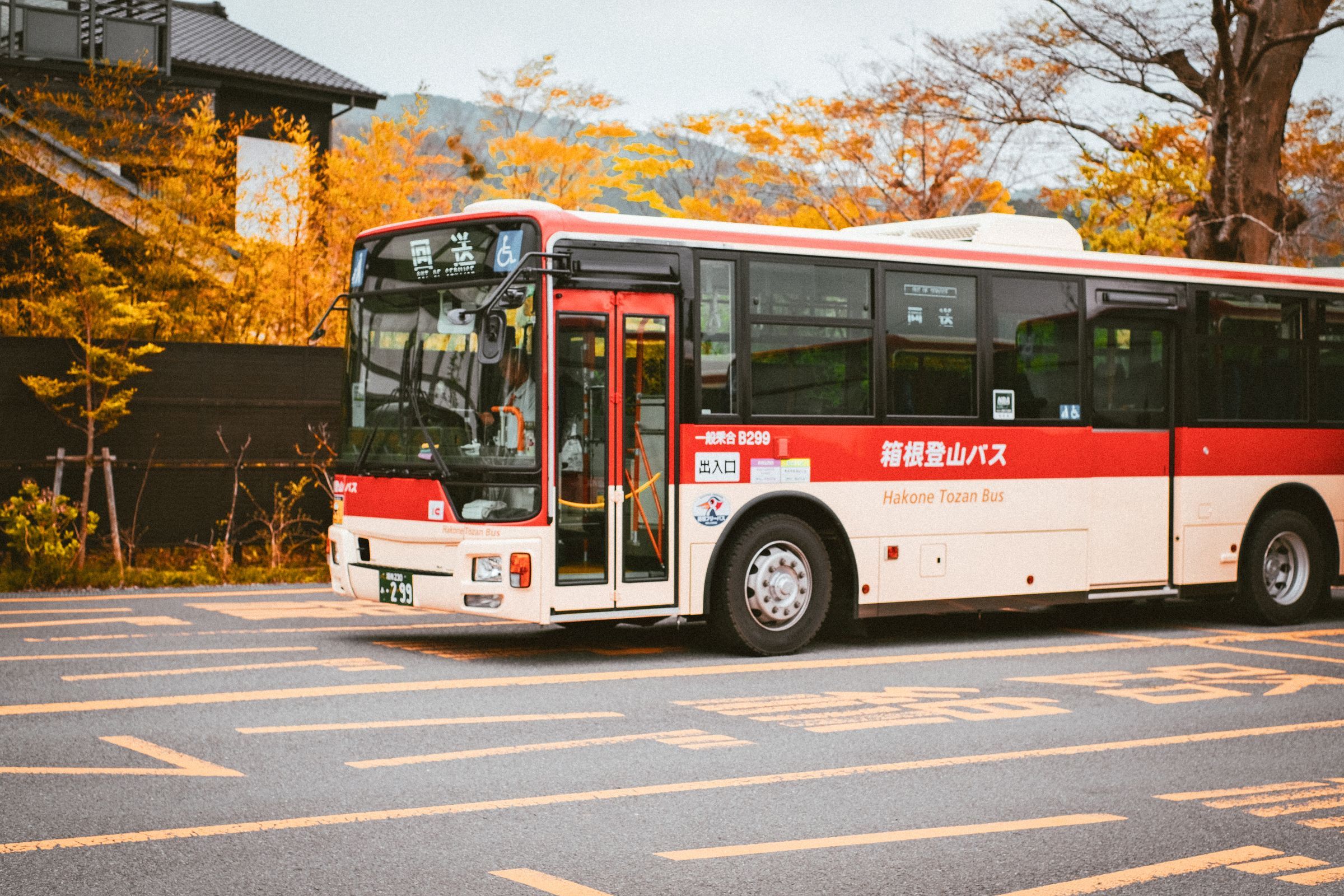 A red and cream Hakone Tozan bus parked under yellow autumn trees in Hakone, Japan