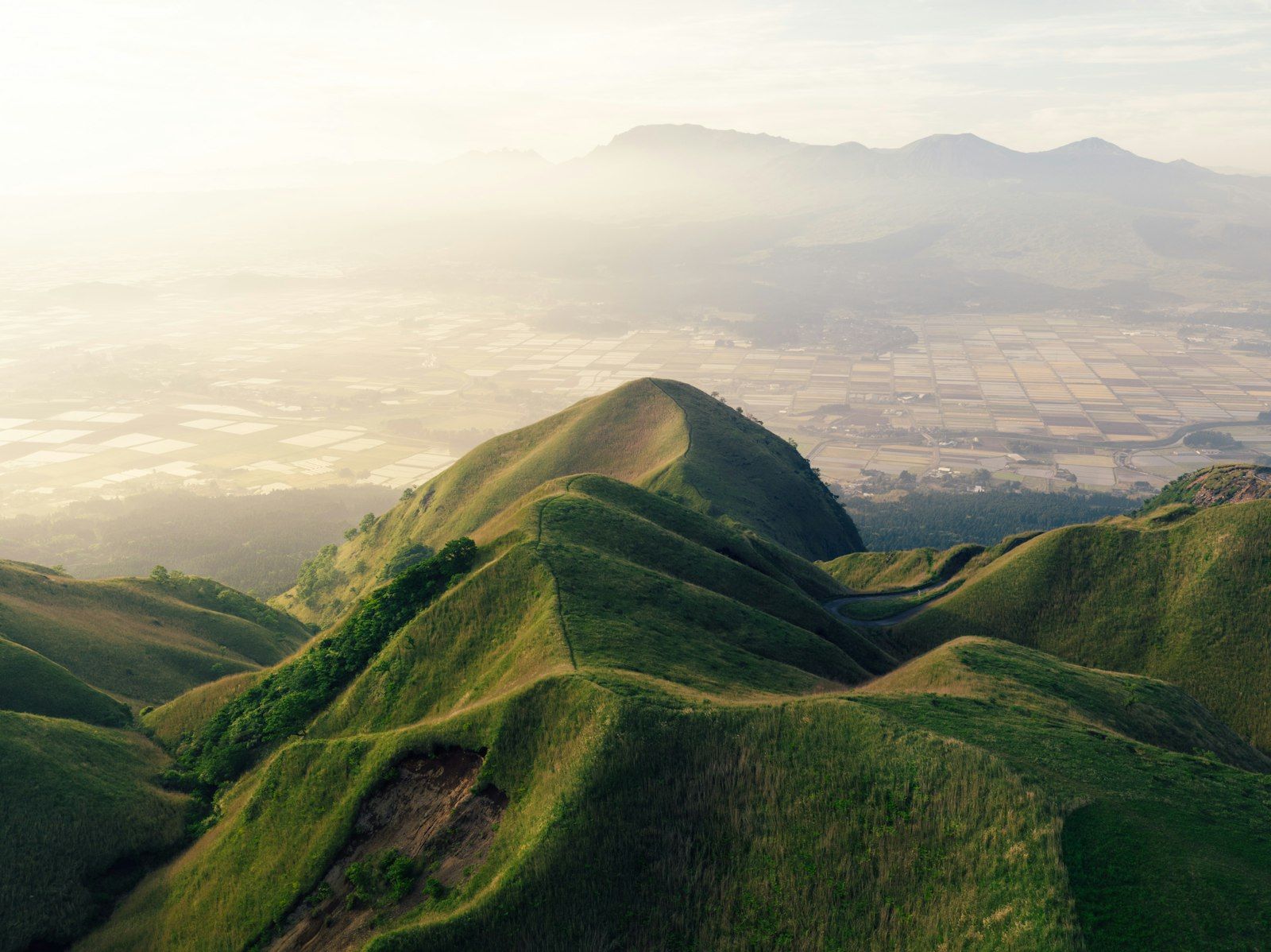 Aerial view of the green Aso caldera at sunset, Kyushu