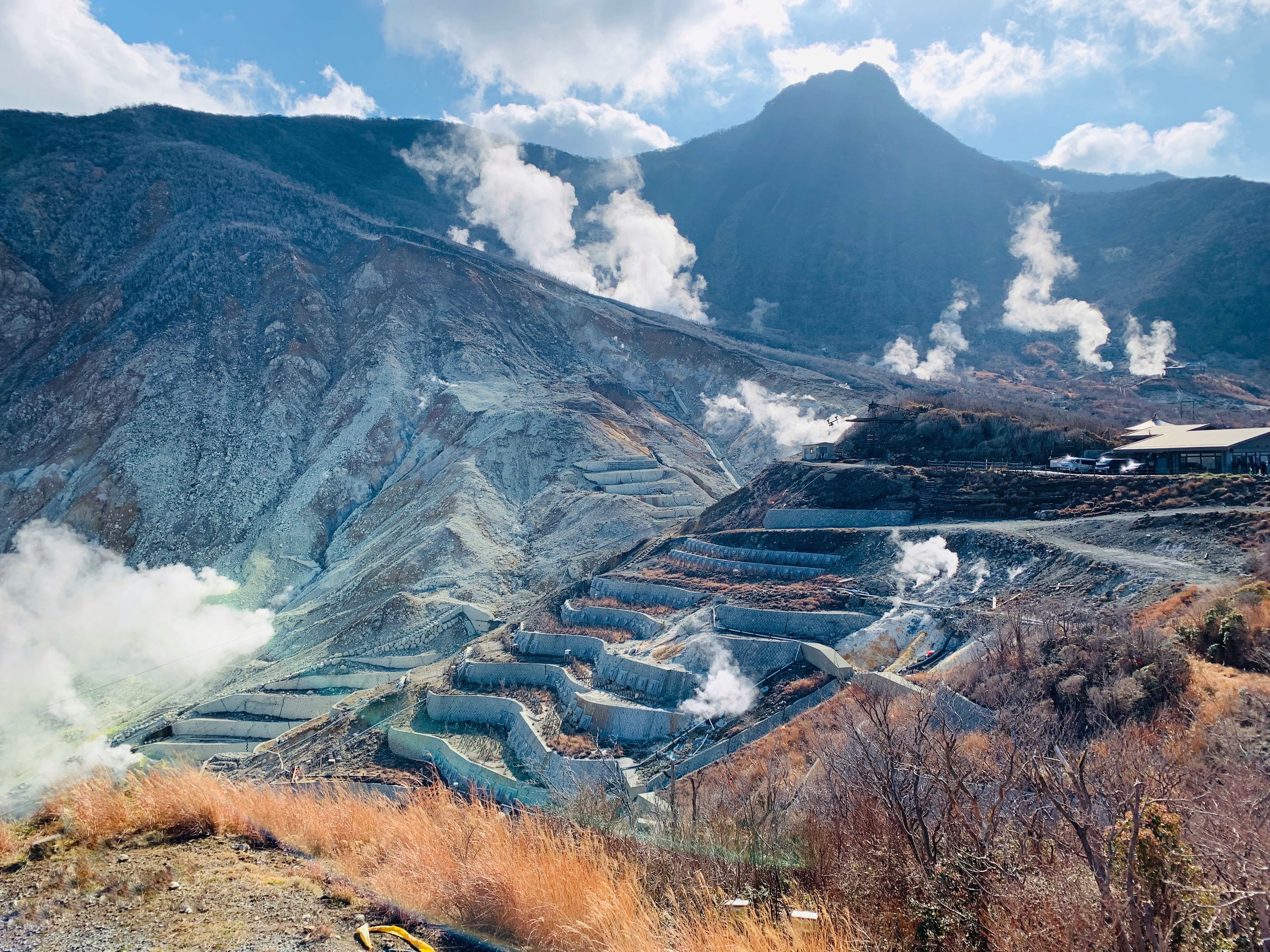 Steam rising from the volcanic vents of Owakudani in Hakone, the valley that feeds many of the town's hot springs, under a blue sky