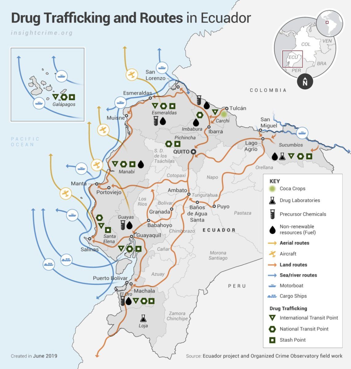 Colombian cocaine trafficking routes through Ecuador