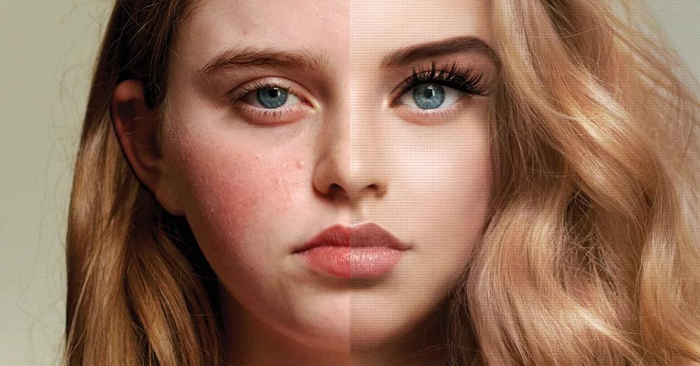 Dove campaign portrait showing the contrast between a natural and digitally edited face.