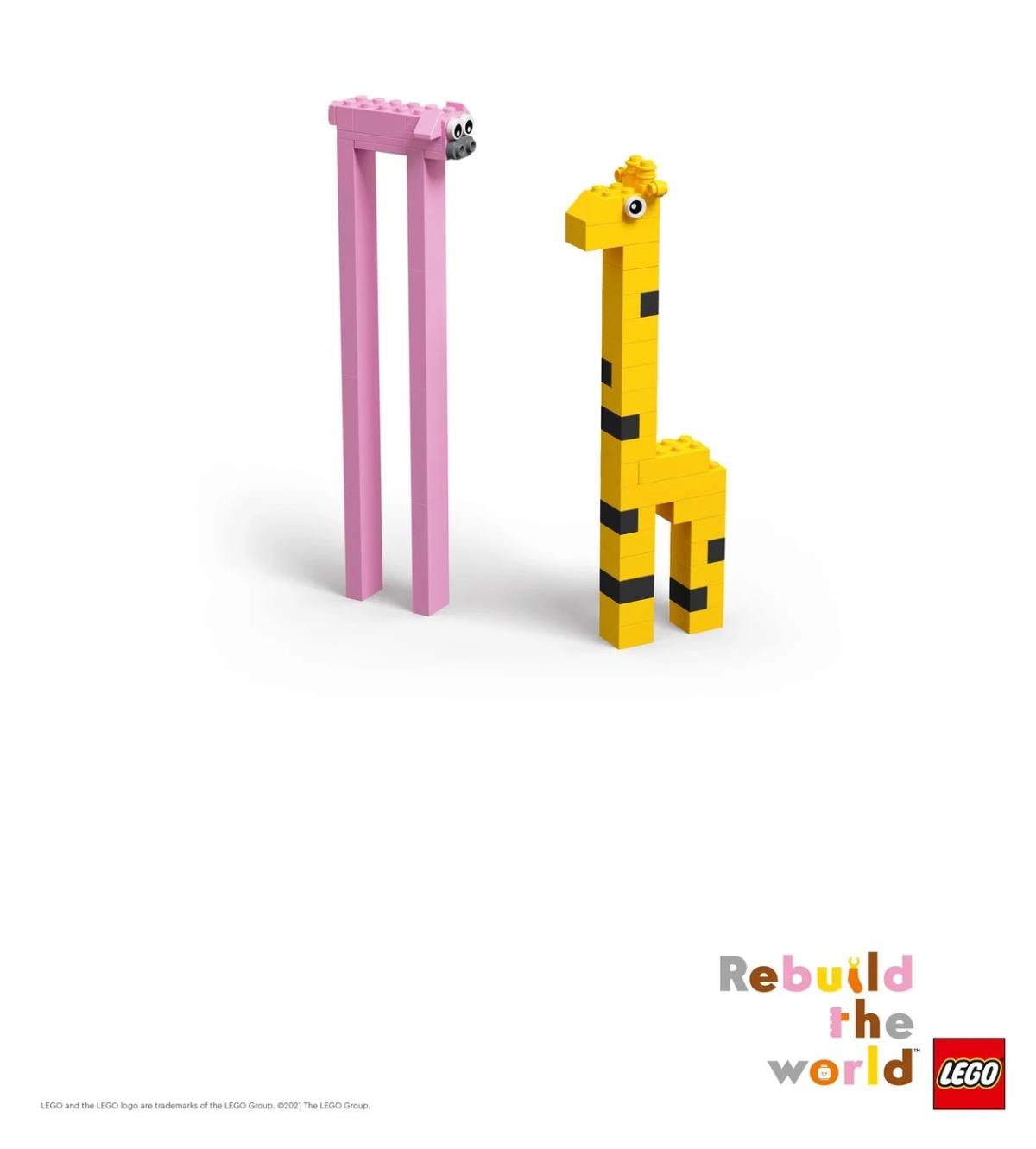 LEGO Rebuild the World artwork featuring a giraffe and a tall pink construction.