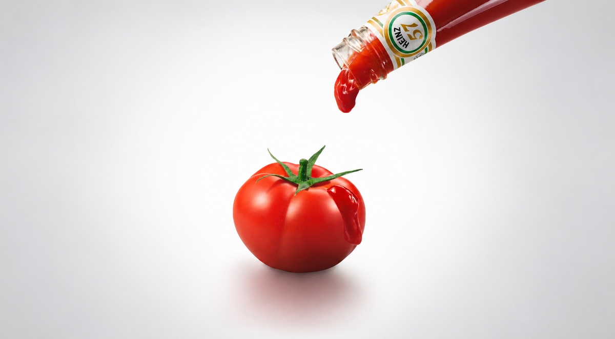 Heinz outdoor campaign showing ketchup paired with tomatoes.