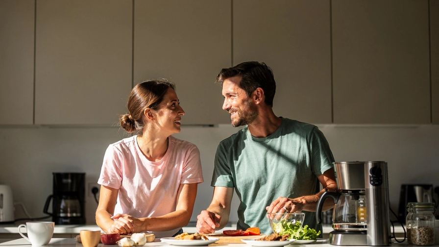 Due persone parlano in cucina, una si avvicina leggermente.