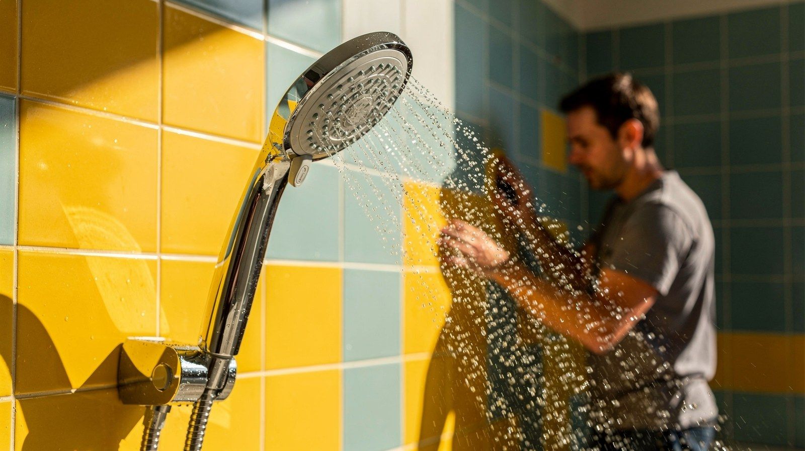 Un soffione della doccia con gocce d’acqua, su piastrelle chiare.
