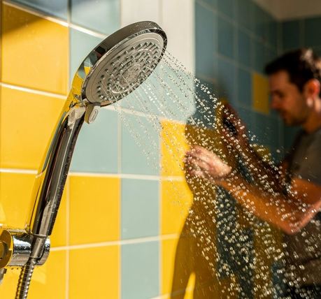 Un soffione della doccia con gocce d’acqua, su piastrelle chiare.