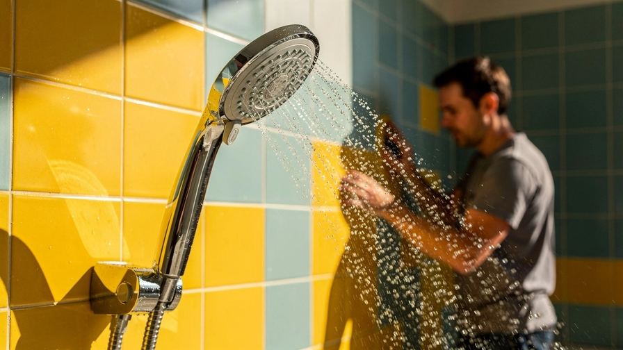 Un soffione della doccia con gocce d’acqua, su piastrelle chiare.