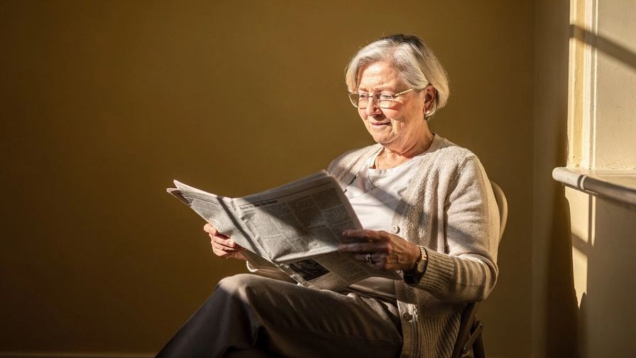 Una donna sui settant’anni legge il giornale accanto a una finestra soleggiata.