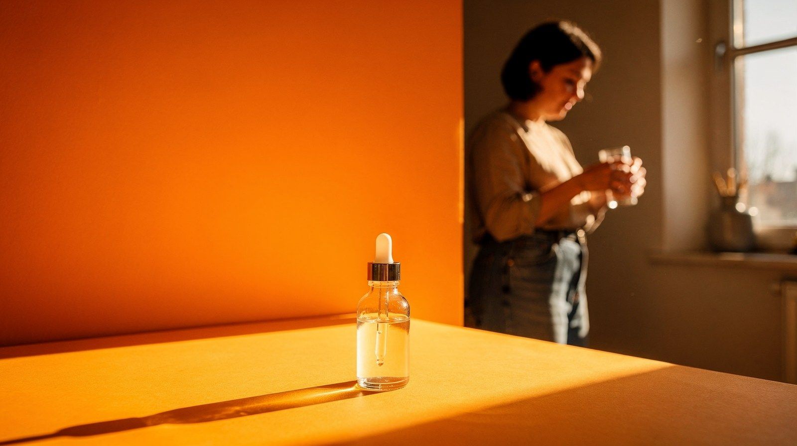 Una boccetta di vetro con contagocce su un fondo a tinta piena.