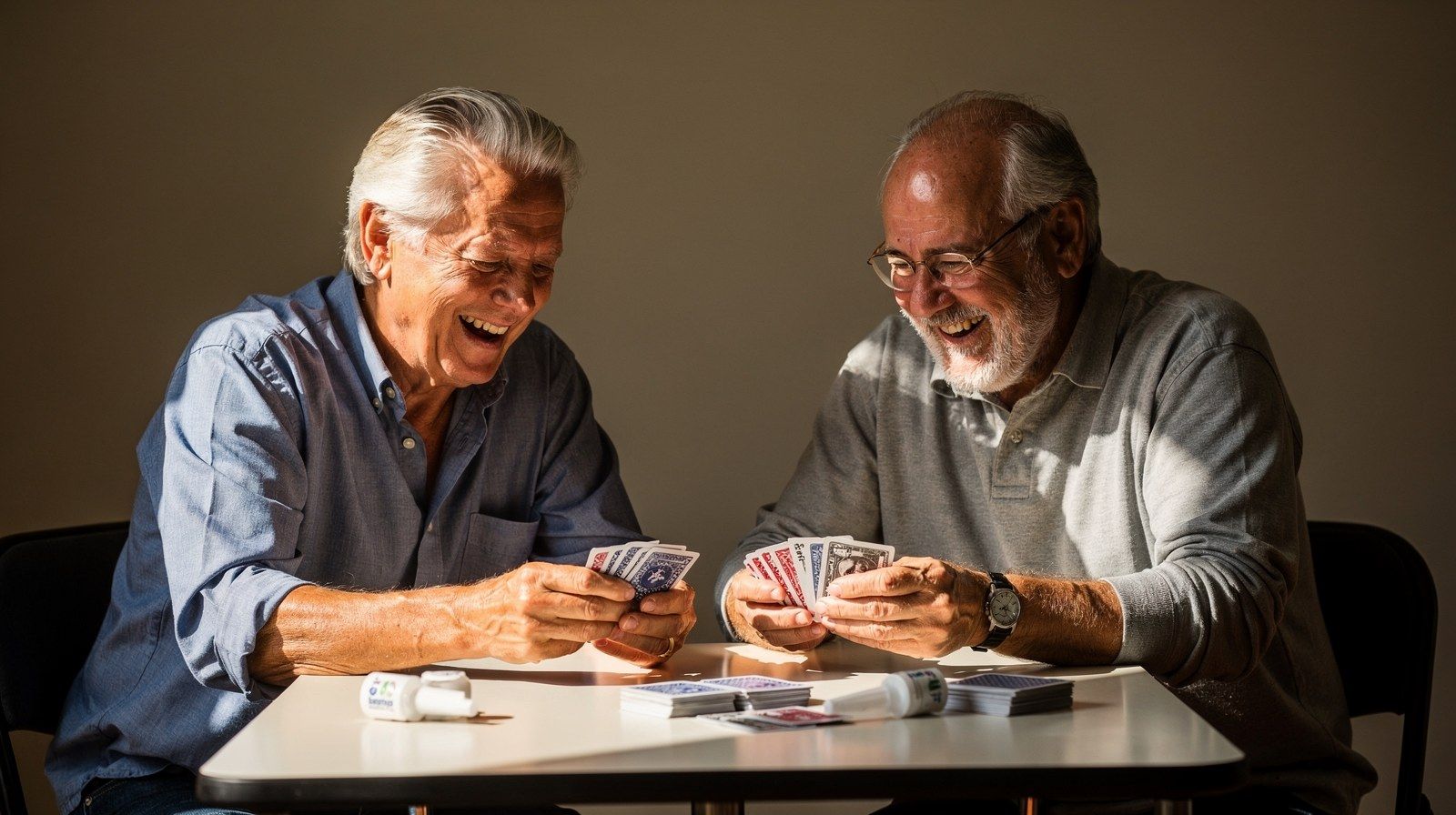 Due amici anziani giocano a carte a un tavolo.