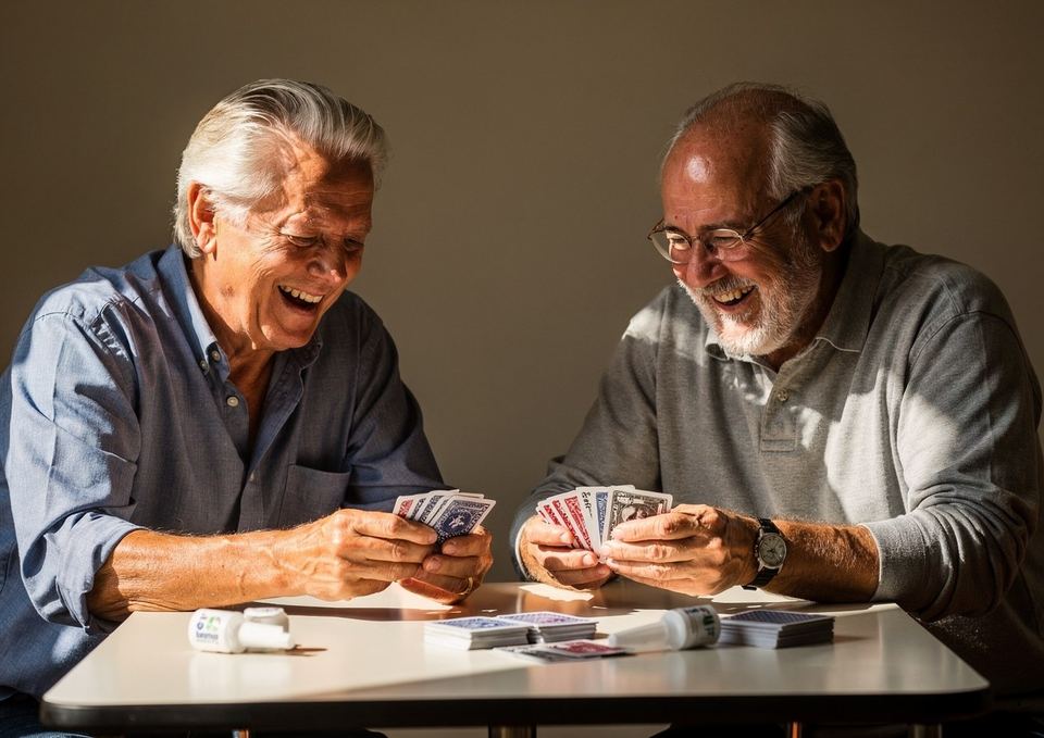 Due amici anziani giocano a carte a un tavolo.