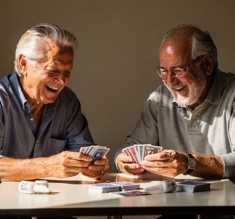 Due amici anziani giocano a carte a un tavolo.