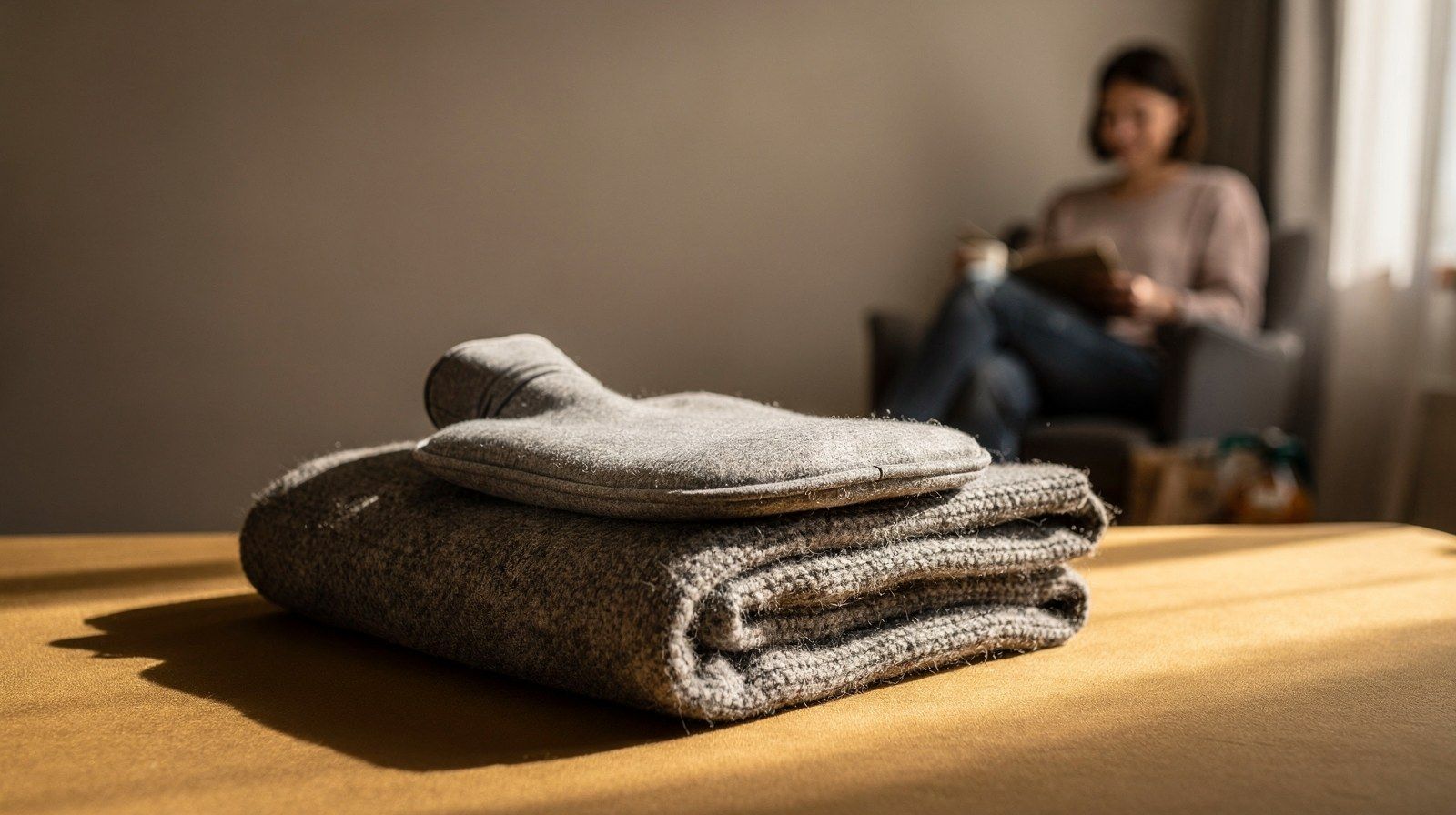 Una borsa dell’acqua calda e una coperta di lana piegata su una superficie a tinta unita.
