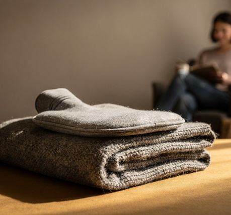Una borsa dell’acqua calda e una coperta di lana piegata su una superficie a tinta unita.