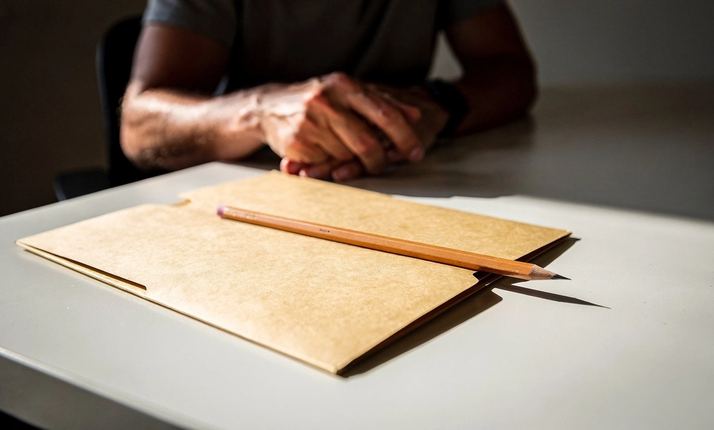 Una cartellina chiusa e una matita su una scrivania.