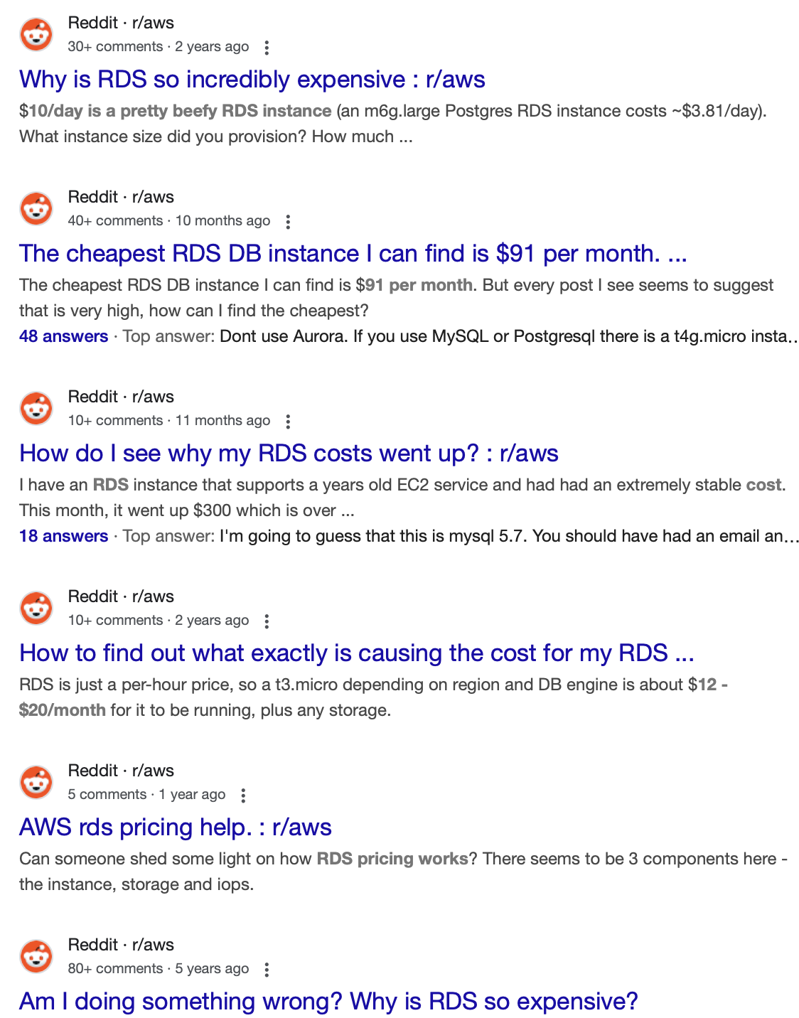RDS cost optimization queries found on reddit