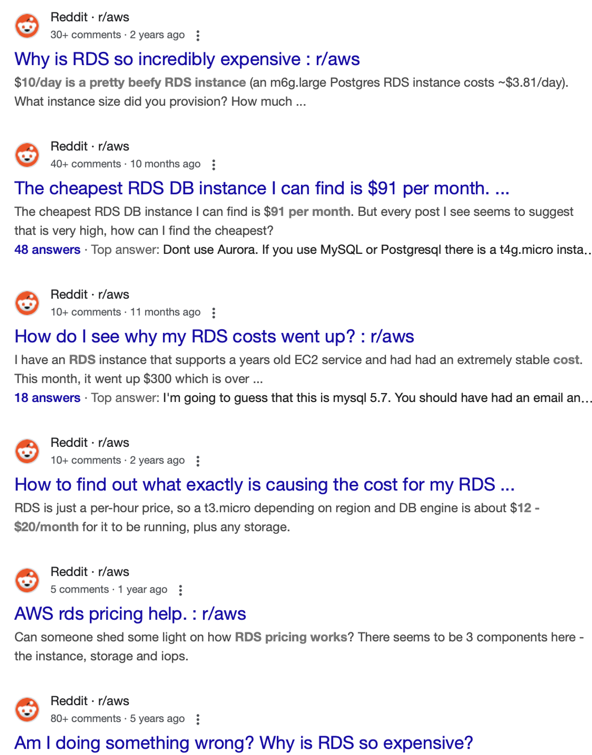 RDS cost optimization queries found on reddit