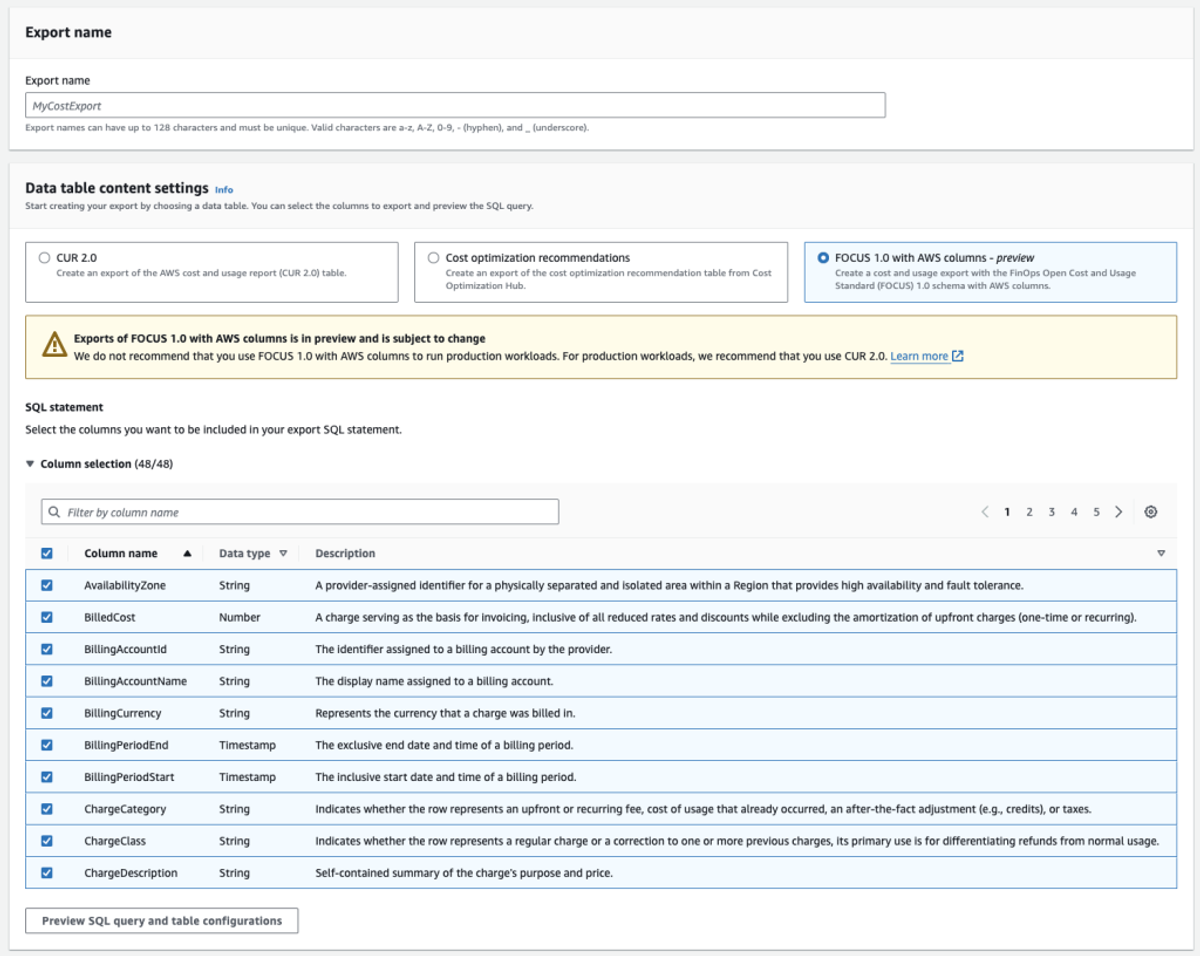 A screenshot on Exporting a FOCUS report from AWS