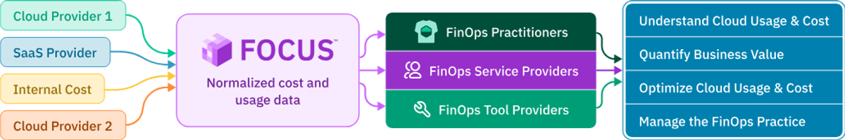 An infographic on FinOps FOCUS explaining Normalize cost & usage data across various cloud financial management offerings