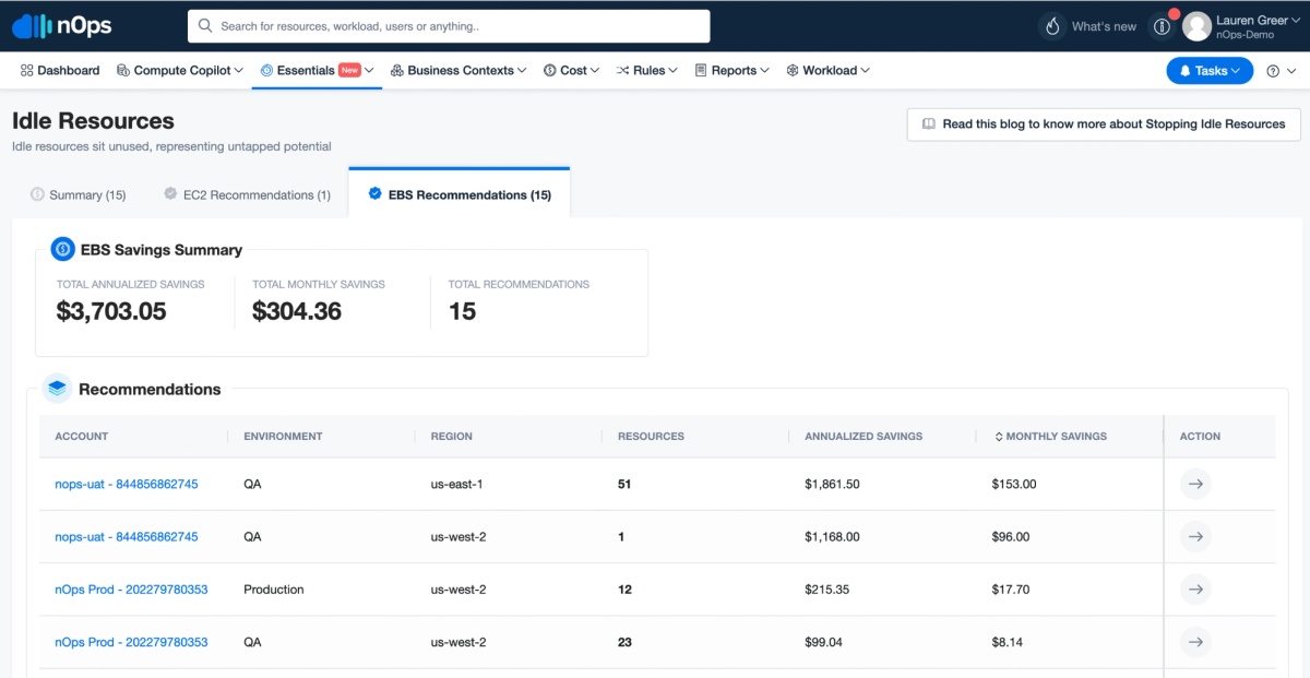 Screenshot of EBS Savings Summary report in nOps Essentials