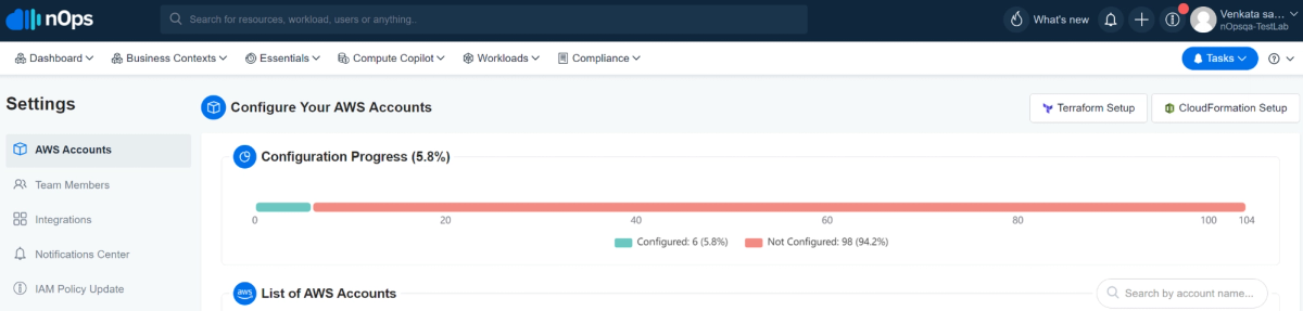 Screenshot of Configuration process section in nOps dashboard