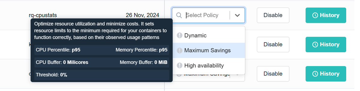 The image shows a table with rows representing different workloads and their associated auto-rightsizing policies. Each row has a policy name, a date, a dropdown menu to select a policy, a "Disable" button, and a "History" button. The first row shows a policy for the "worker-redis-master" workload, which dynamically adjusts resource limits based on observed demand. The second row shows a policy for the "rq-cpustats" workload, which is currently disabled. The image also shows a dropdown menu with various policy options, including "Dynamic," "Maximum Savings," and "High Availability." These options represent different strategies for optimizing resource allocation.