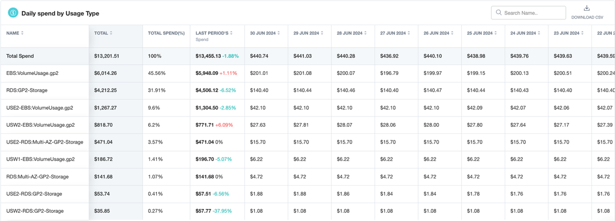 Daily spend by usage type on nOps Business Contexts+