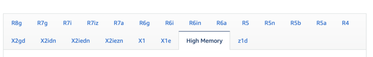 A screenshot displaying Memory-Optimized Amazon EC2 Instances