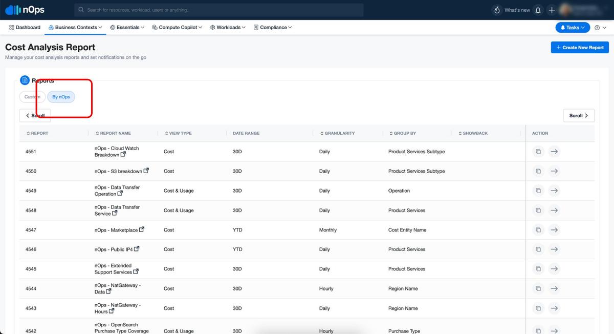 List of Cost Analysis Reports in the nOps dashboard