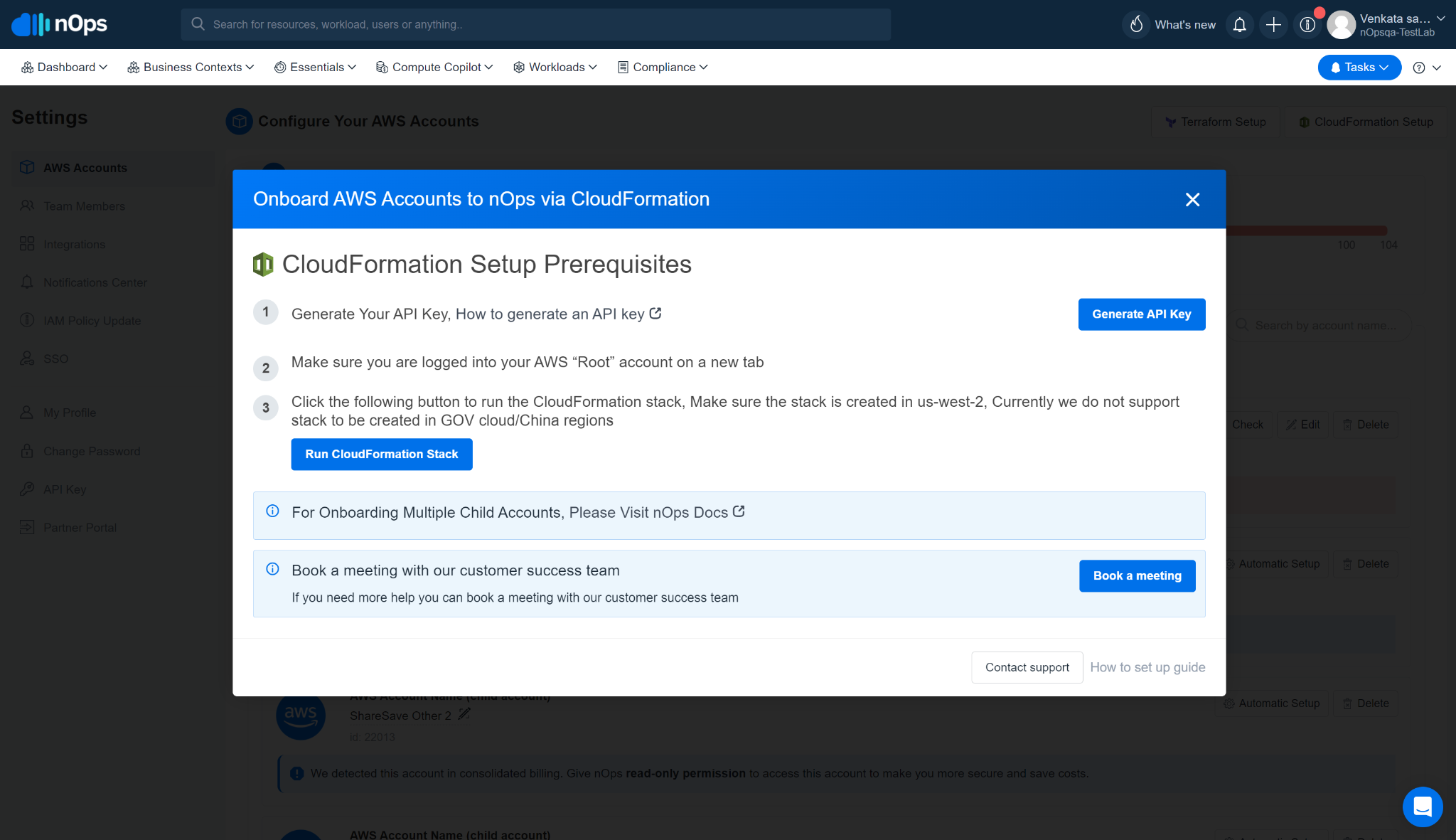 Screenshot of CloudFormation Setup Prerequisites in nOps dashboard