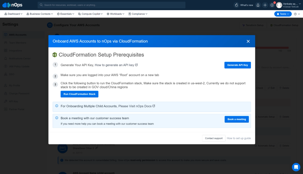 Screenshot of CloudFormation Setup Prerequisites in nOps dashboard
