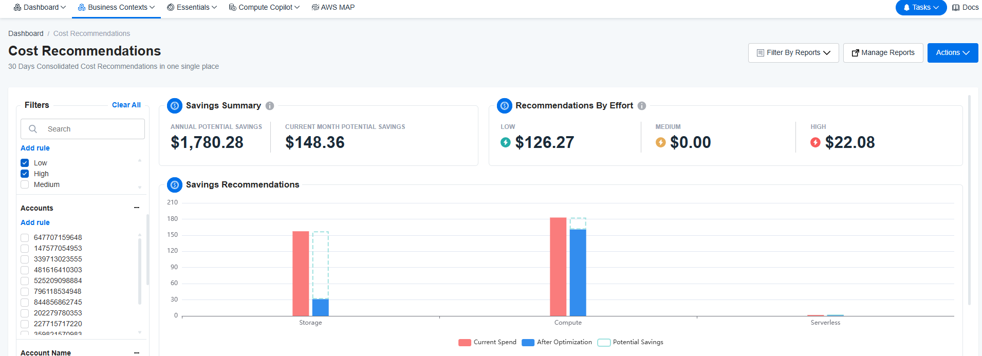 1.Cost Recommendations in the nOps Business Contexts+ Dashboard