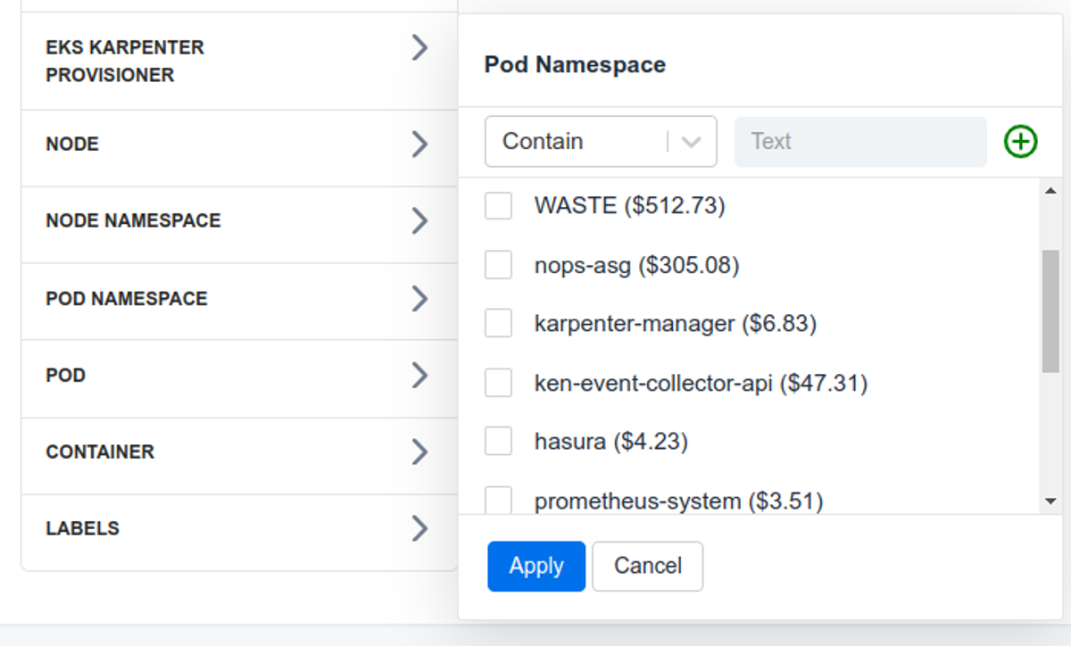 Screenshot of the nOps feature showing Container Costs