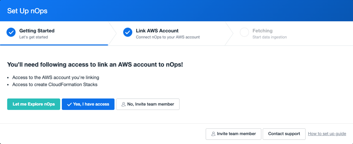 Pop-up screen on nOps dashboard displayed to new users after sign up.