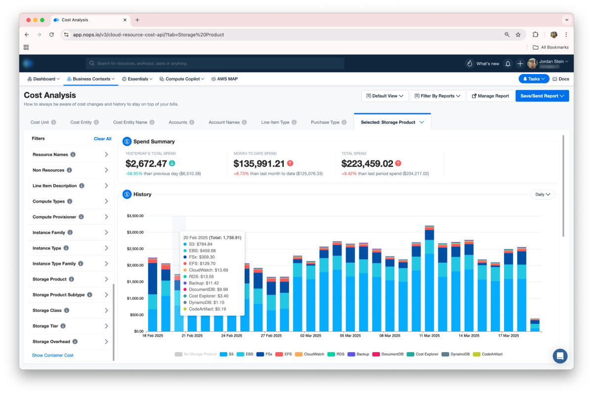 nOps Cost analysis page — drill down into storage costs