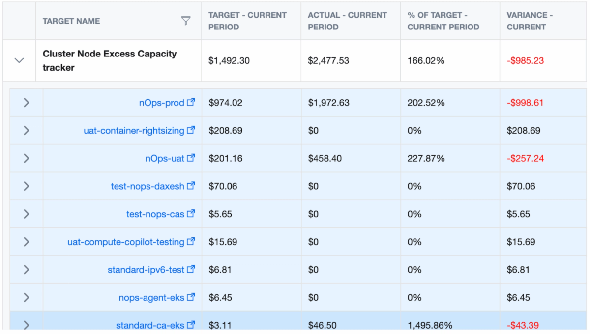 Cluster node excess capacity tracker