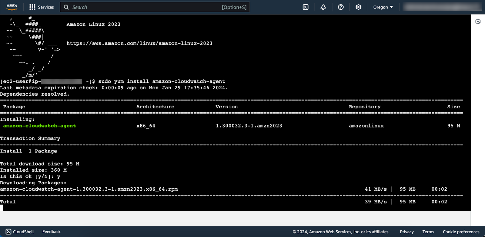 Screenshot of Command line for installing CloudWatch