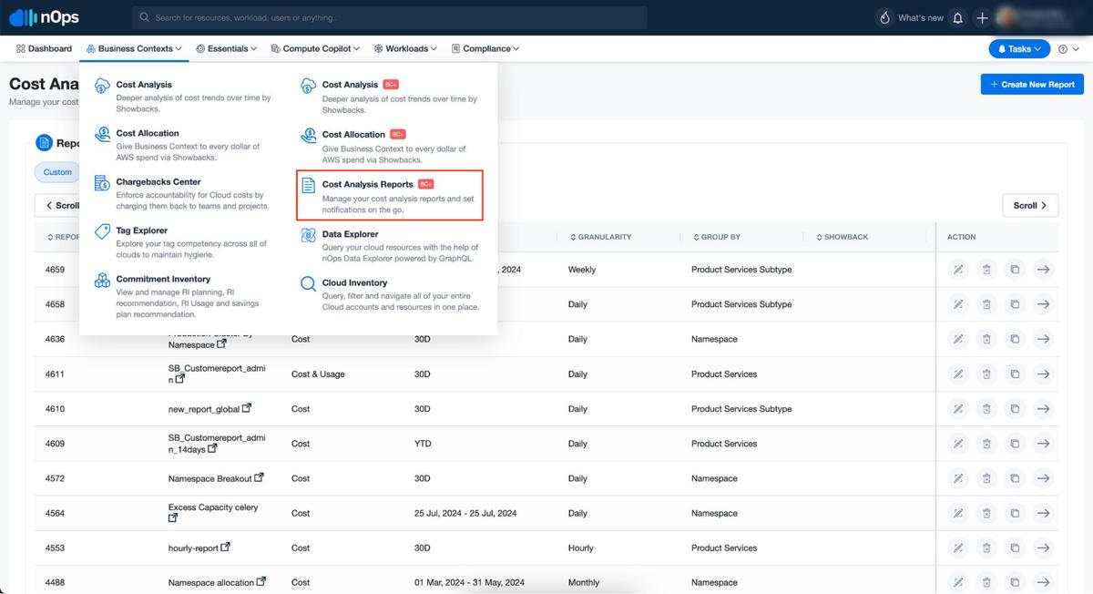 Navigate to Cost Analysis Reports in the nOps dashboard