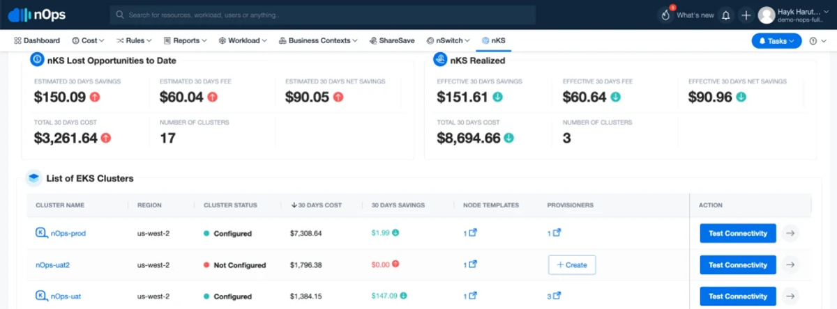 Cost and savings opportunities are summarized in a unified dashboard. Users can also onboard clusters to Copilot or review existing configurations.