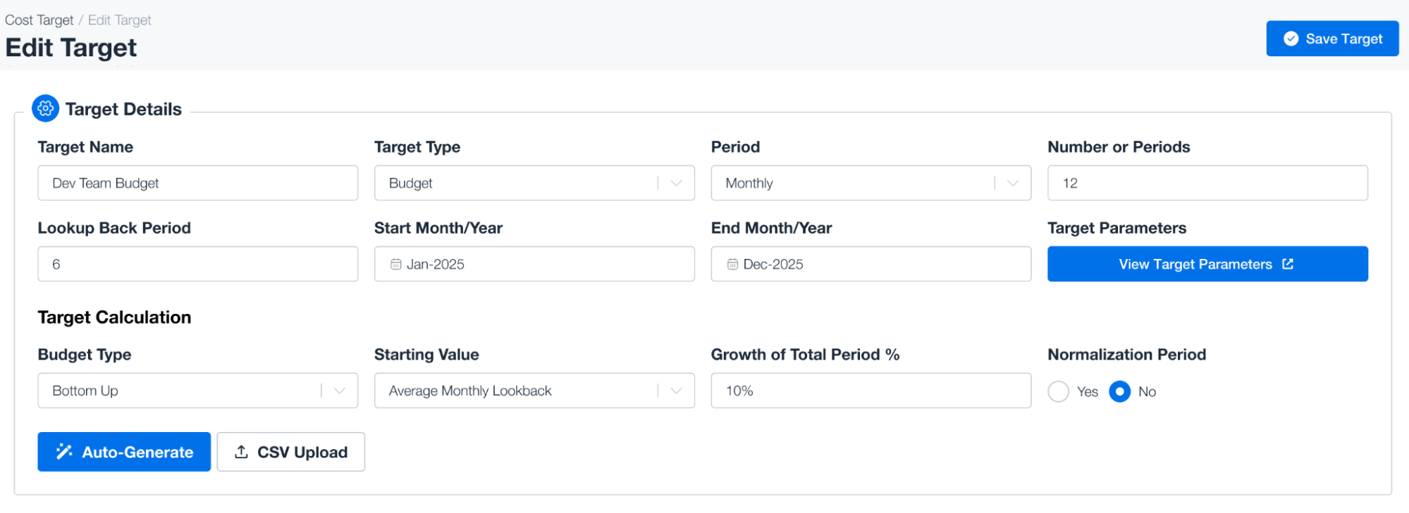 This image shows a form for editing a target. The form includes fields for target name, type, period, number of periods, lookup back period, start month/year, end month/year, target parameters, budget type, starting value, growth of total period percentage, and normalization period. There are also buttons for auto-generating and uploading CSV files.